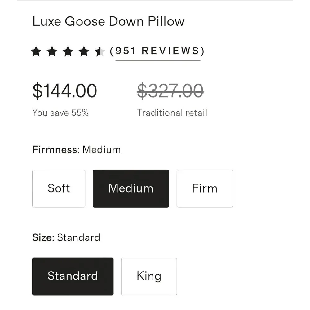 Quince Luxe Standard Goose Down Medium Pillow - NEW